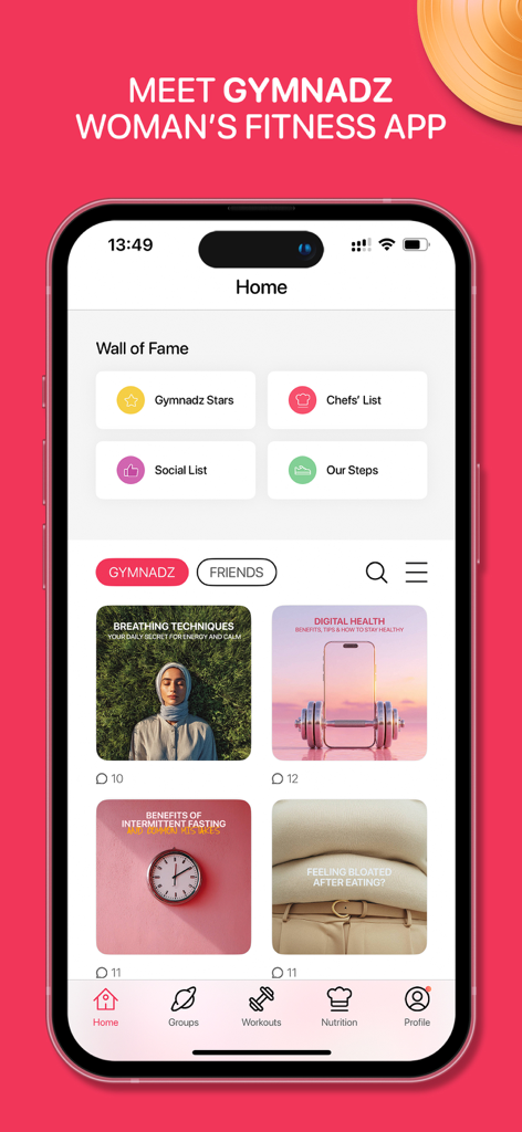 GymNadz womens fitness app home screen showing wellness articles and community wall of fame