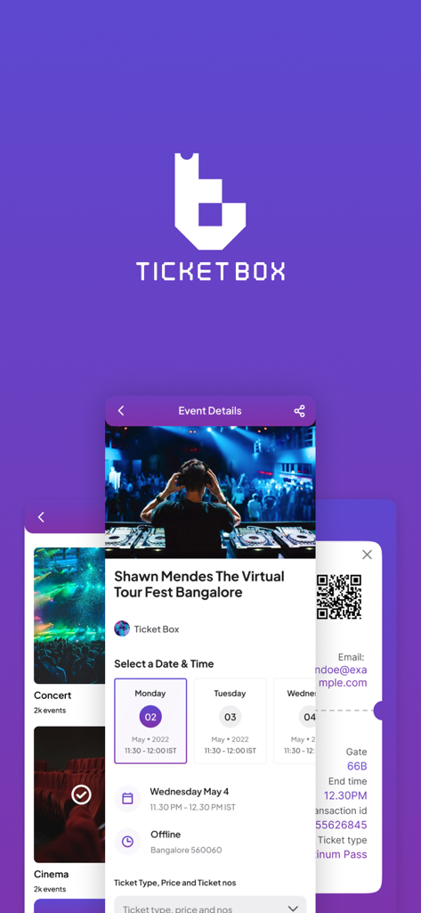 Ticket Box App - Interfaz de la aplicación móvil Ticket Box que muestra detalles de eventos de conciertos y una entrada QR digital