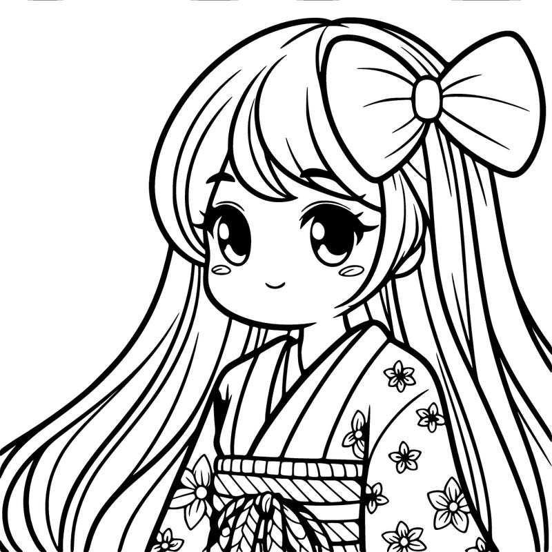 girl in a kimono with long hair and a bow in her hair