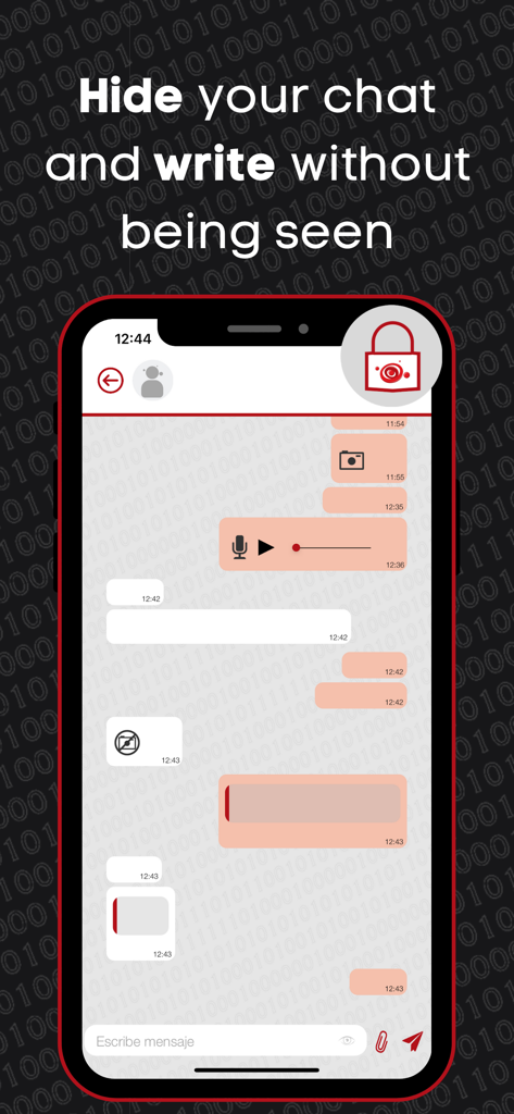 Criptoo - Interface do aplicativo Criptoo mostrando um chat seguro com um ícone de cadeado e o texto Oculte seu chat e escreva sem ser visto.