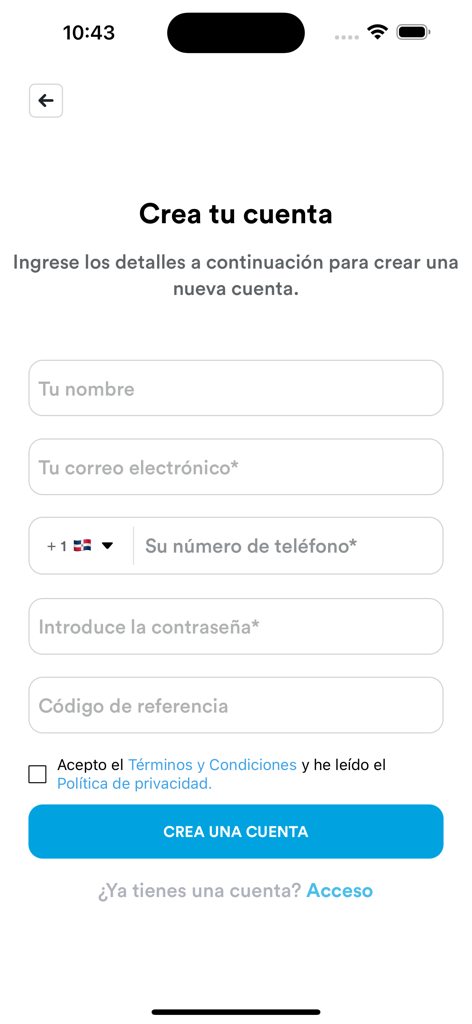 Speedy Delivery and Pickupモバイルアプリのサインアップページ。アカウント作成フィールド（スペイン語）が表示されています。