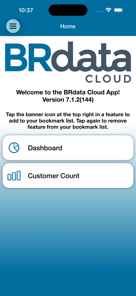 BRdata Cloud - Main menu of the BRdata Cloud app showing Dashboard and Customer Count buttons