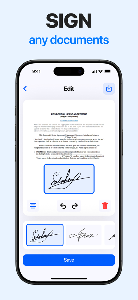 A mobile phone displaying the eSign app interface for signing a residential lease agreement.