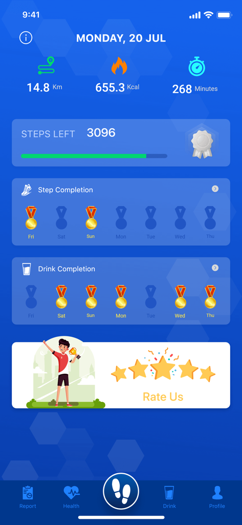 Pedometer: Step counter - Activity dashboard showing steps remaining calories burned distance and achievement medals for steps and water intake