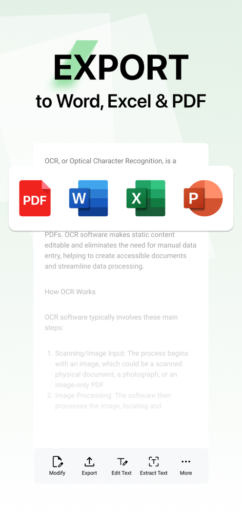 Lens pdf scanner: jpg to pdf - Mobile app screen showing options to export scanned documents to Word, Excel, and PDF formats.