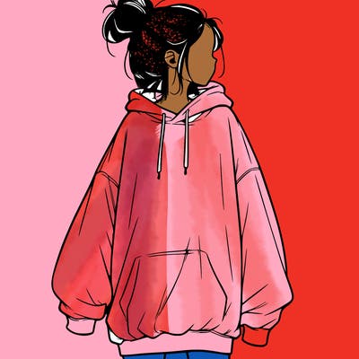 realistic girl with a oversized sweatshirt on and a bun
