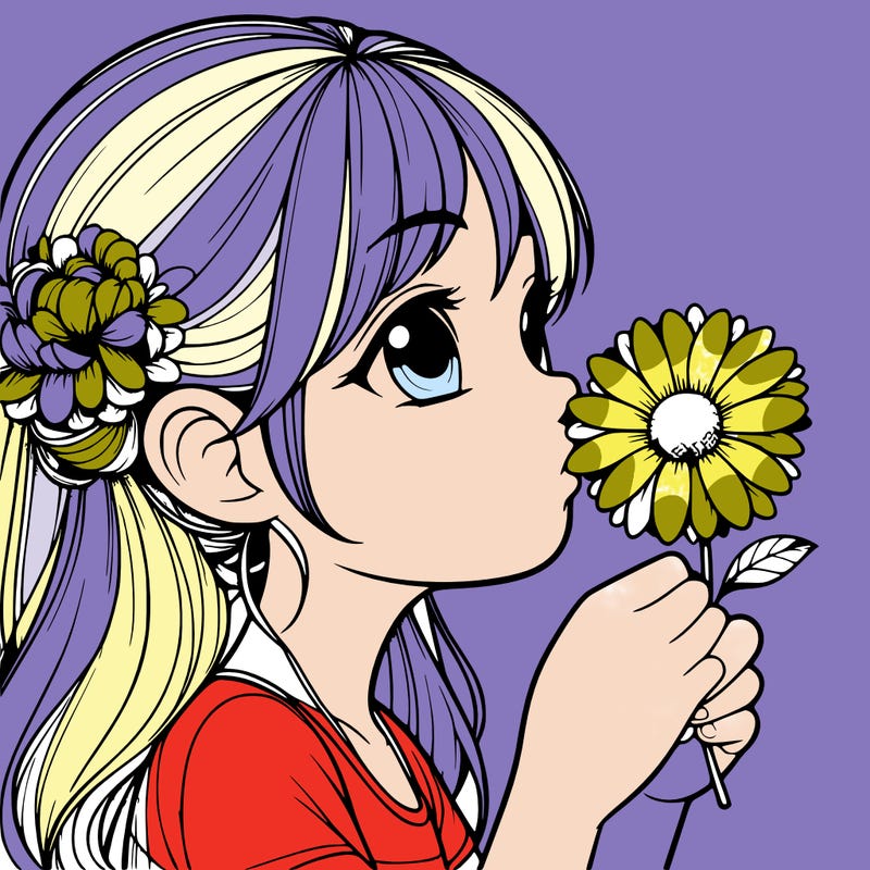 realistic girl smelling beautiful flower
