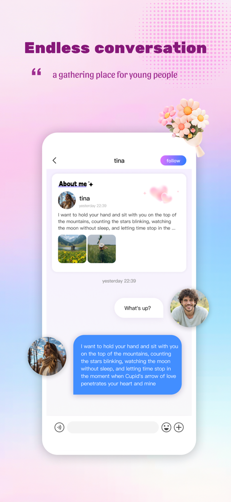 Private Meeting:Chat Nearby - 사용자 프로필과 로맨틱한 메시지를 보여주는 Private Meeting 앱의 채팅 인터페이스
