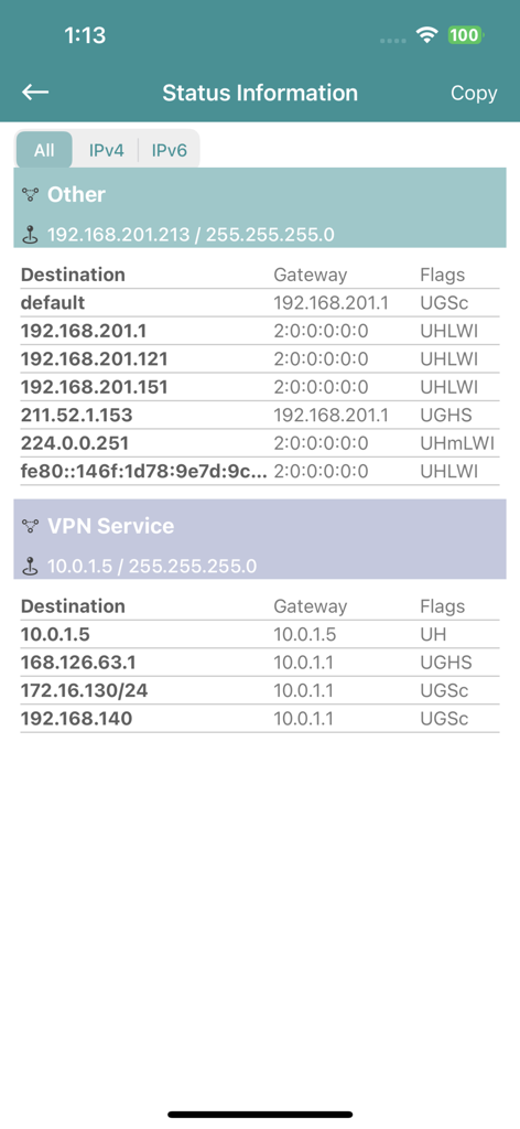 eWalker SSL VPN - Status information screen displaying network destination and gateway details in the eWalker SSL VPN app