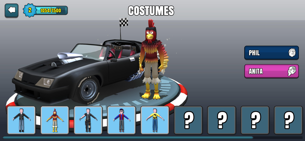 Faily Brakes 2 - Character customization screen in Faily Brakes 2 showing a chicken costume next to a black muscle car
