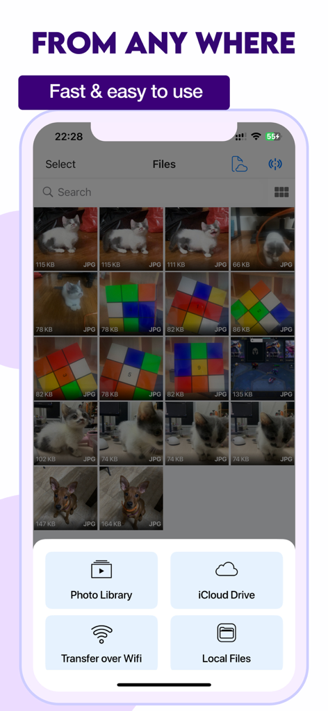 Video Compressor & Reduce size - Interface showing multiple file source options like Photo Library and iCloud Drive in the Video Compressor app