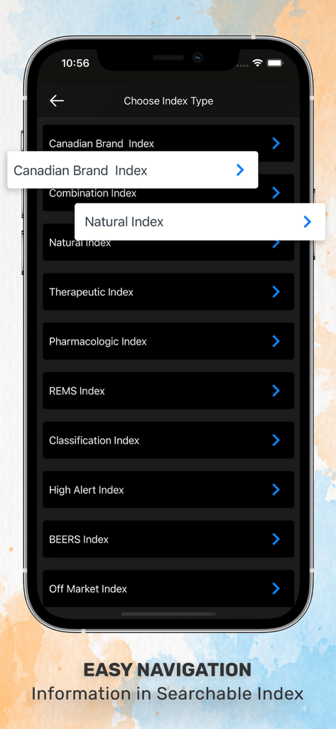Davis’s Drug Guide for Nurses - Searchable drug index screen in the Davis Drug Guide for Nurses app showing clinical categories.