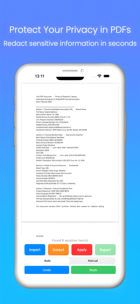 RedactPDF mobile app interface on iPhone showing sensitive data detection and redaction tools