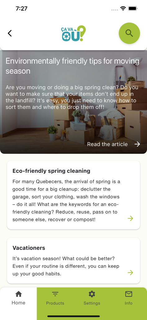 Home screen of the Ca va ou app showing eco friendly tips for moving and spring cleaning