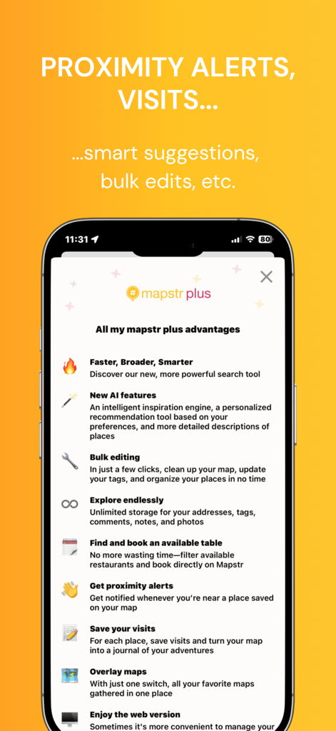 Mapstr – Save & Follow Places - Screenshot of Mapstr Plus premium features including proximity alerts AI suggestions and bulk editing