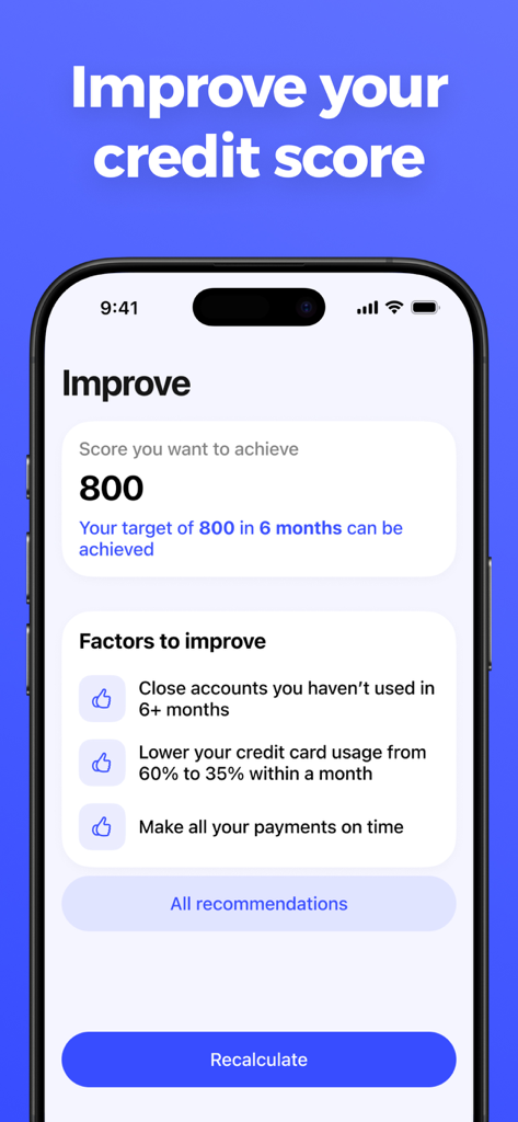 Credit Score Check - Mobile app interface showing a target credit score of 800 with personalized recommendations like closing unused accounts and lowering credit card usage