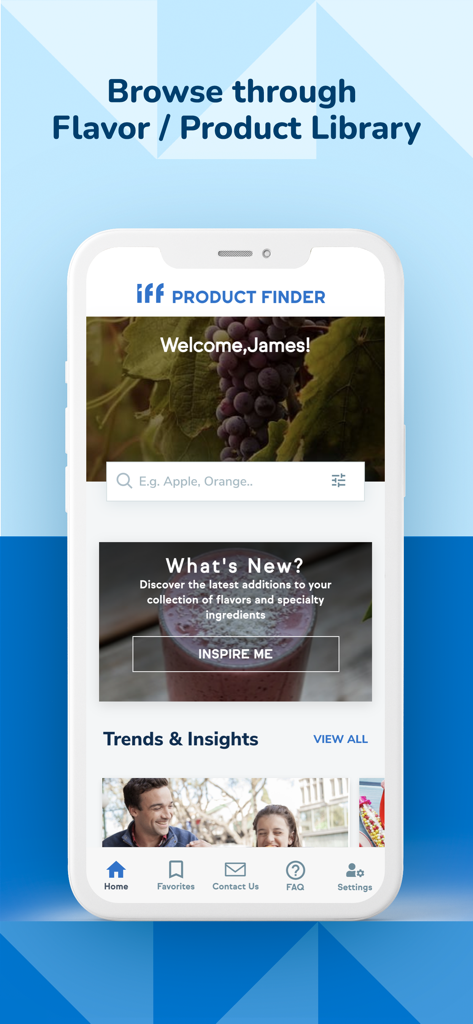 IFF PRODUCT FINDER - Home screen of the IFF Product Finder app showing a search bar for ingredients and market insights