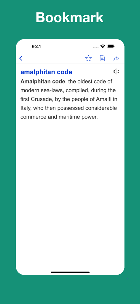 Dictionary of Nautical Terms - Una pantalla de aplicación móvil que muestra la definición del término náutico Amalphitan code