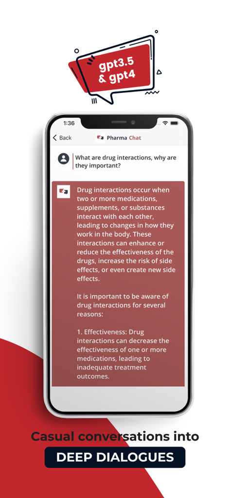 Pharma AI - ChatBot - Smartphone screen showing Pharma AI ChatBot explaining drug interactions with GPT 4 technology.