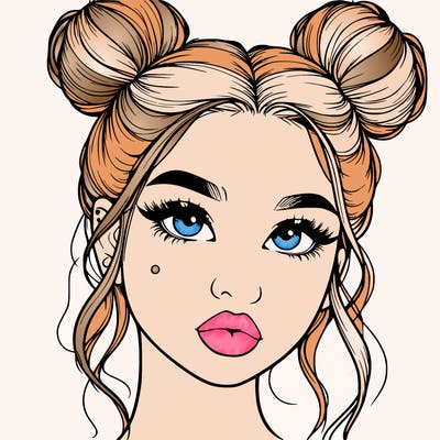 realistic girl with two buns on her hair and lips