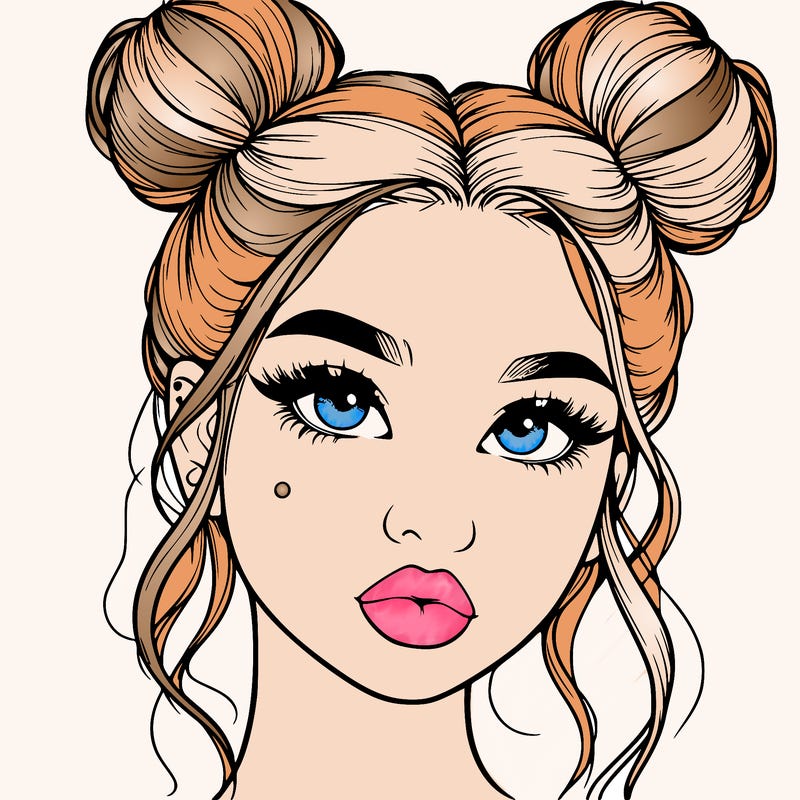 realistic girl with two buns on her hair and lips