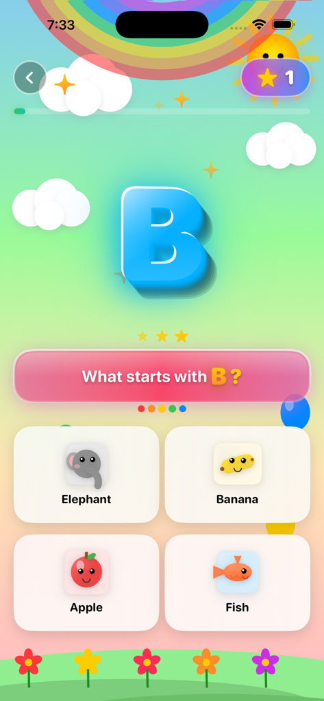 ABC Kids - Learn & Play - A preschool learning screen in the ABC Kids app showing the letter B and asking the child to select the correct starting object.