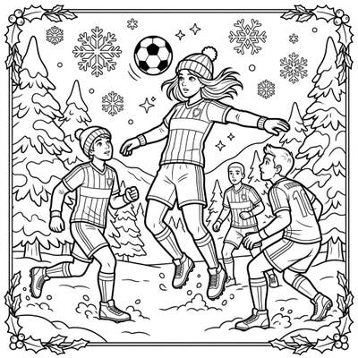 Dive into the chilly thrill of winter soccer with this dynamic coloring page featuring skilled header specialists. Capture the energy of athletes playing amidst a beautiful snowy landscape, perfect for sports enthusiasts and creative minds alike.