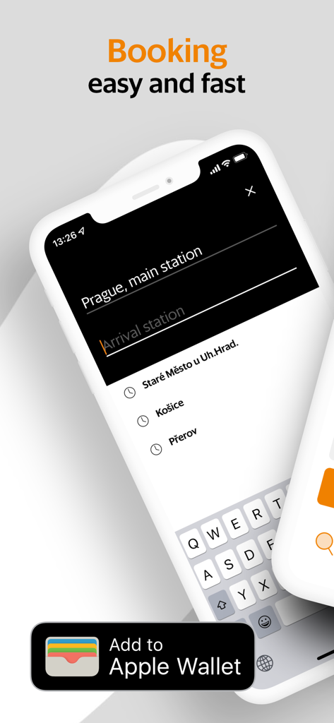 Interface de l'application Leo Express pour une réservation de train rapide et facile, avec intégration Apple Wallet et sélection de destination.