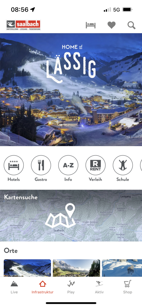 Saalbach Hinterglemm - Home screen of the Saalbach Hinterglemm app showing resort navigation and services