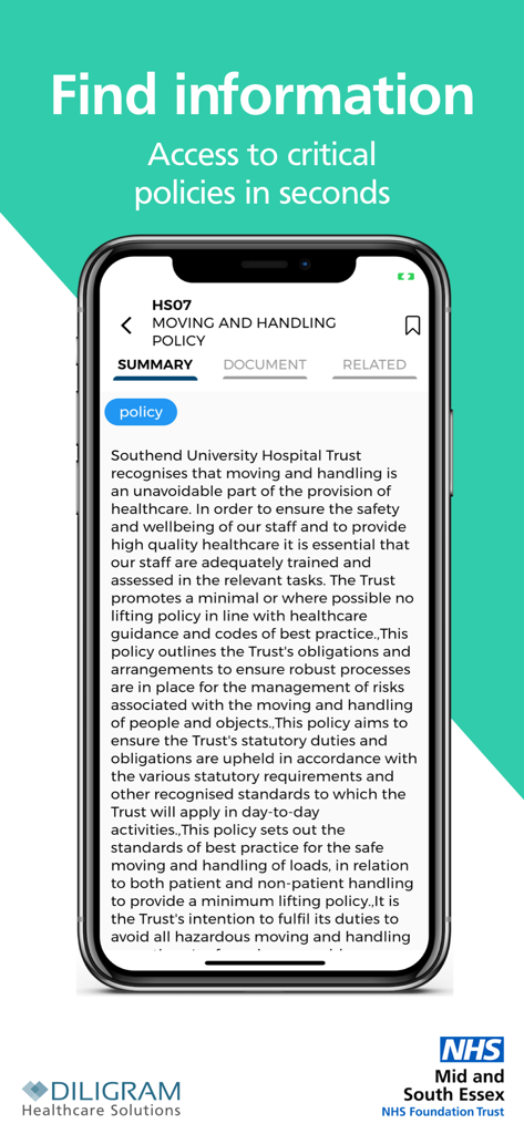 MyStaff - Policies & Documents - Schermo dello smartphone che mostra l'app MyStaff con un riepilogo di una politica ospedaliera dell'NHS