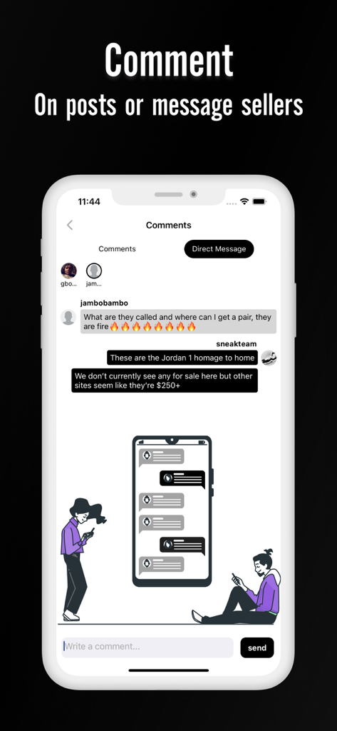 Sneak Freak app interface showing a social comment thread where users discuss Jordan sneakers and pricing