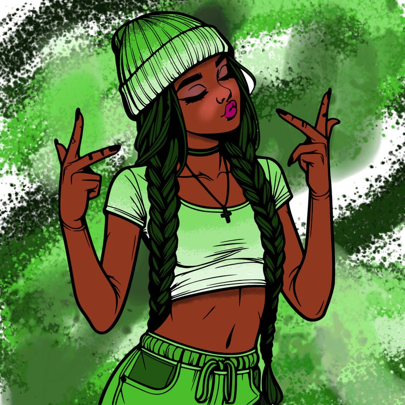 realistic teenage girl with braids and a beanie and crop top doing 🫶🏼