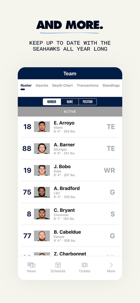 Seattle Seahawks official app displaying the active team roster with player details