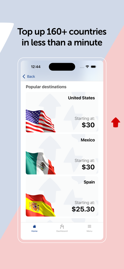 MobileRecharge: Top up mobiles - Destinos populares de recargas móviles internacionales en la interfaz de la aplicación MobileRecharge