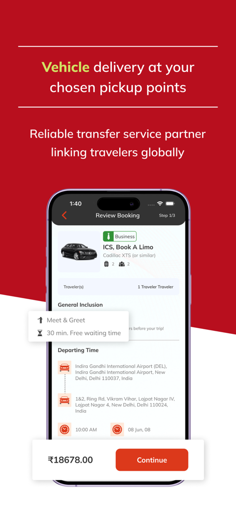 Travomint Flight, Hotels & Car - Travomint app interface showing car rental booking details for an airport transfer from Indira Gandhi International Airport.