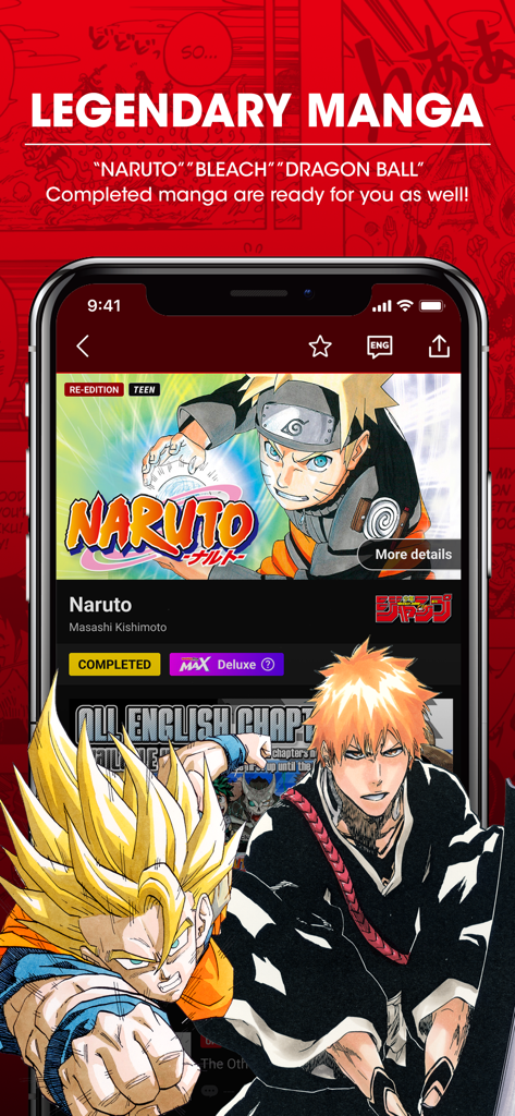 MANGA Plus app interface displaying legendary manga series like Naruto, Dragon Ball, and Bleach