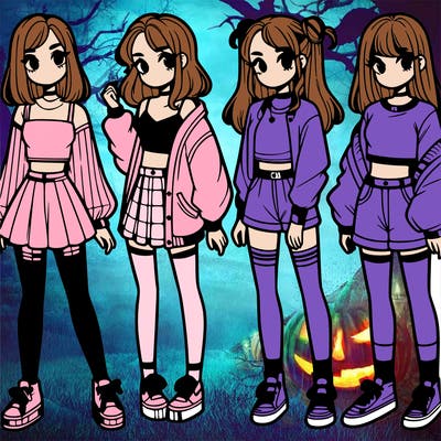 one girl with crop-top shirt and a jacket with a skirt, long socks and another girl with a shirt and pants with a jacket