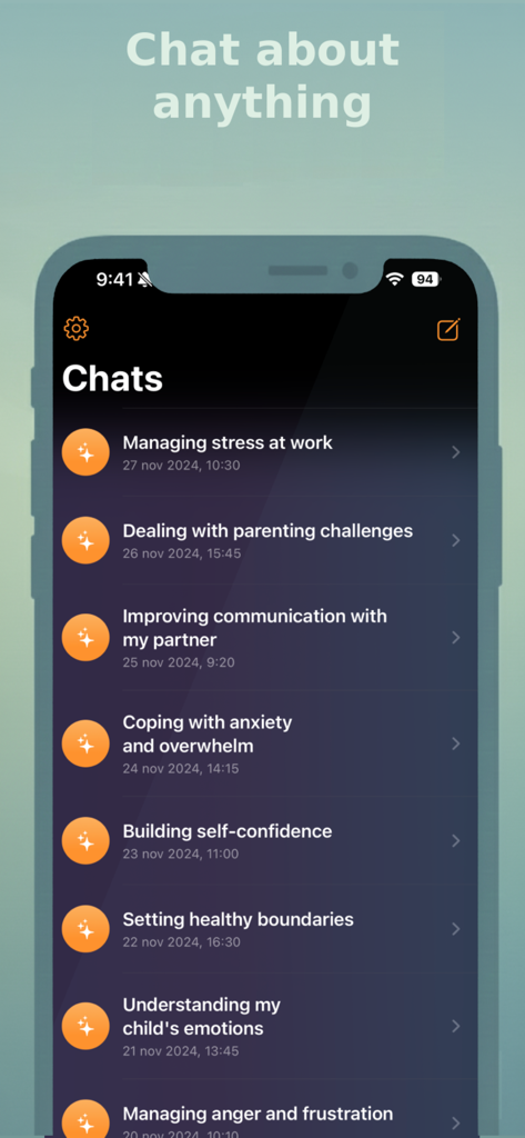 Sophia Helps - Your AI friend - A list of chat topics in the Sophia Helps app covering parenting, stress, and communication.