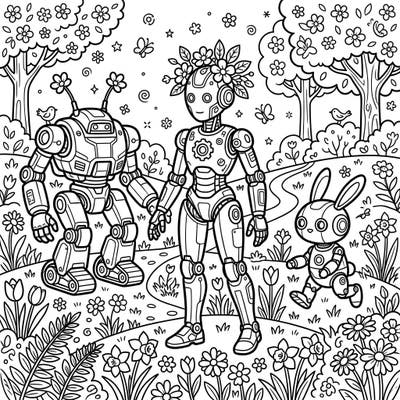 Dive into a captivating world where advanced digital robots celebrate the beauty of spring. This intricate coloring page blends futuristic charm with blooming nature for a unique artistic escape.