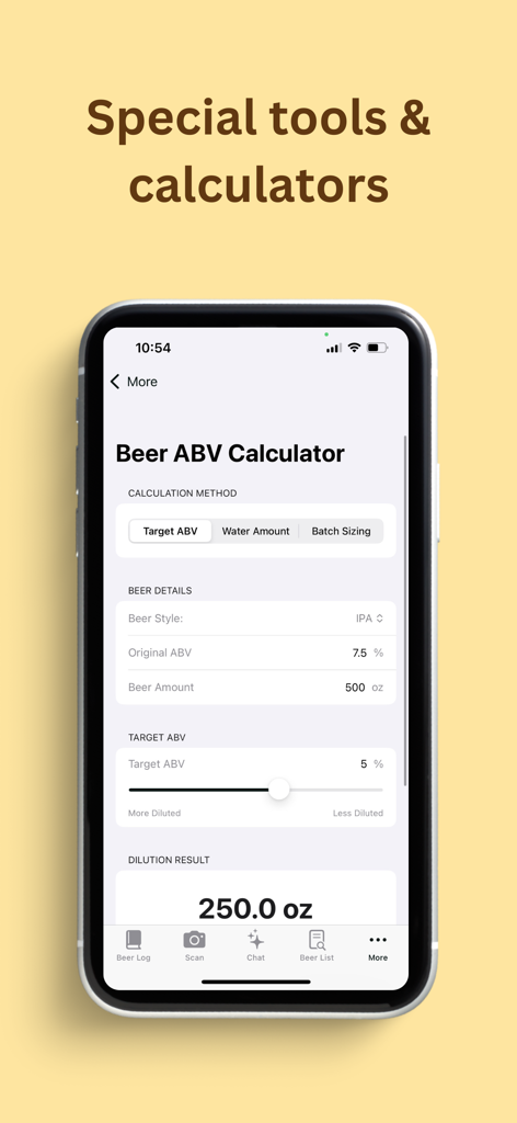 A mobile screen from the Brewzy app showing a Beer ABV Calculator with dilution results for an IPA