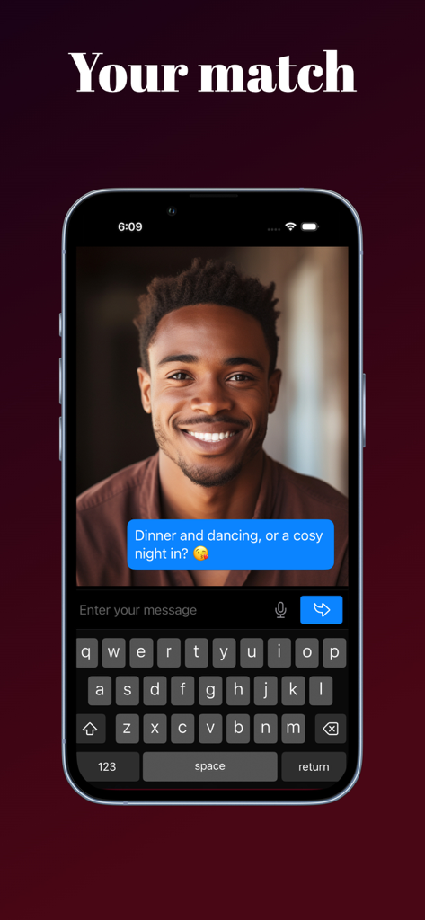 Écran de smartphone montrant une interface de chat avec un compagnon IA masculin souriant et un message romantique.