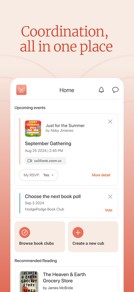 Bookclubs app home screen showing event coordination book polls and upcoming meetings