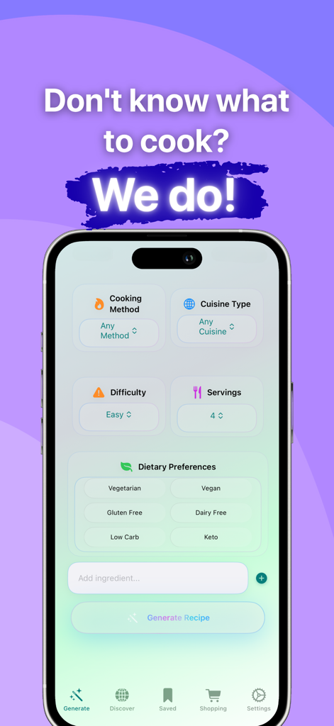Monsavor - AI Powered Recipes - Monsavor app screen showing options to generate AI recipes based on cuisine type difficulty and dietary preferences