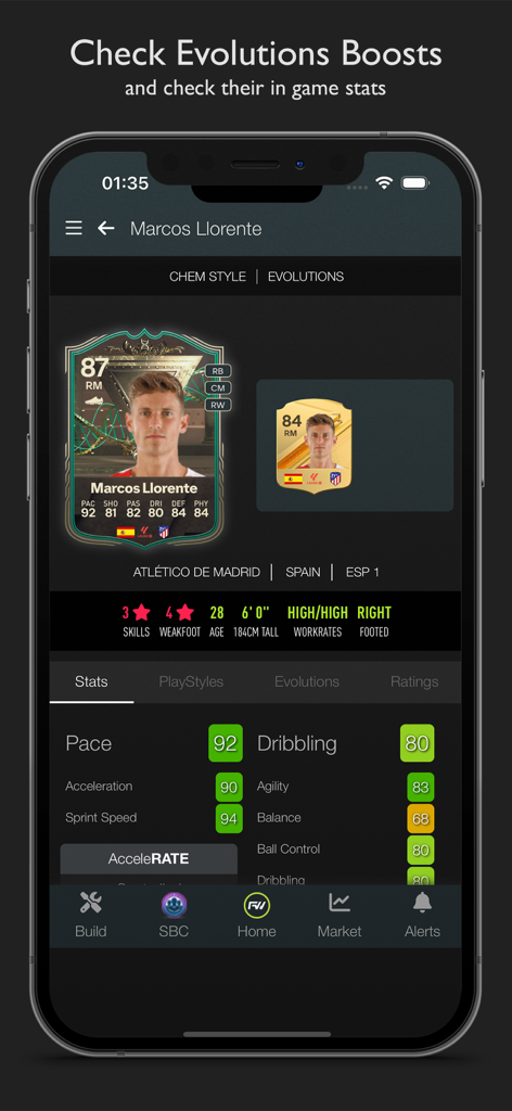 FC 26 FUTWIZ - Mobile app interface showing FC 26 player evolutions and detailed in-game statistics