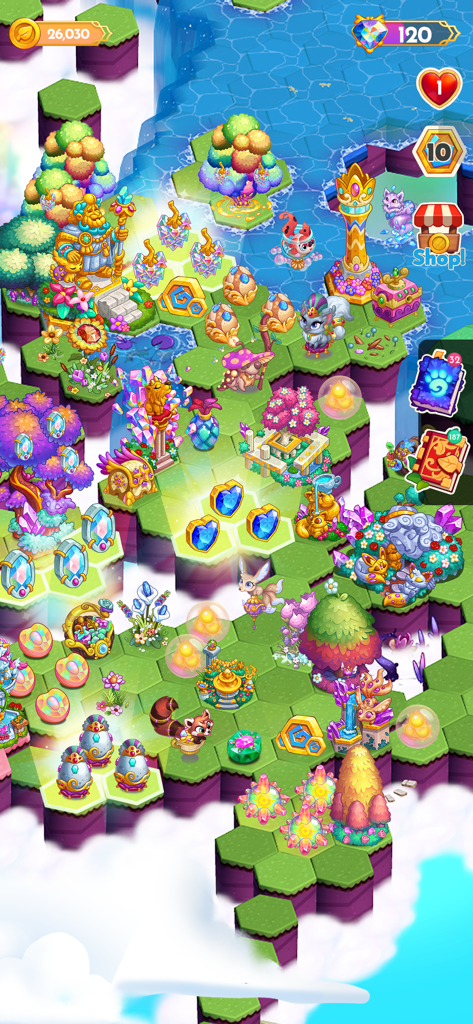 Midas Merge: Relaxing Games - Colorful magical garden gameplay in Midas Merge with mythical creatures and gold items.