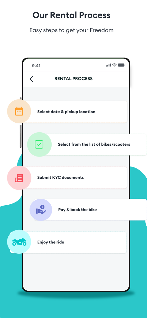 Freedo Rentals - Infographic showing the five easy steps to rent a bike or scooter through the Freedo mobile app.