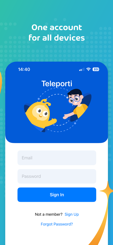 Teleporti - Teleporti VPN login page with illustration of a mascot and a user high fiving