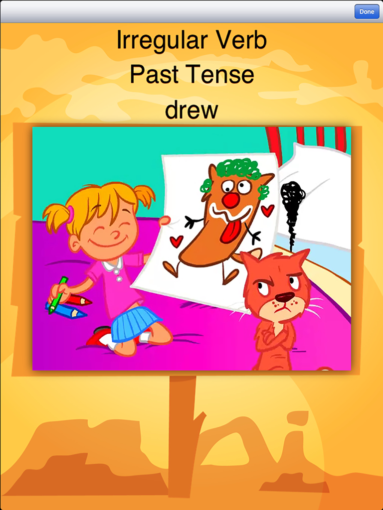 TenseBuilder - Educational app screen teaching the irregular past tense verb drew with a cartoon illustration of a girl showing her drawing to a cat