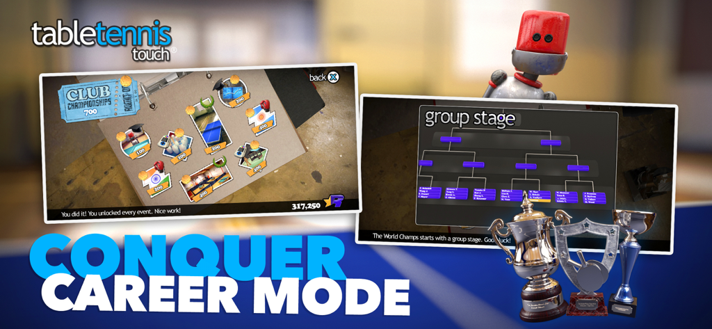 Table Tennis Touch - Modo Carrera de Table Tennis Touch mostrando cuadros de torneo, campeonatos de clubes y trofeos.