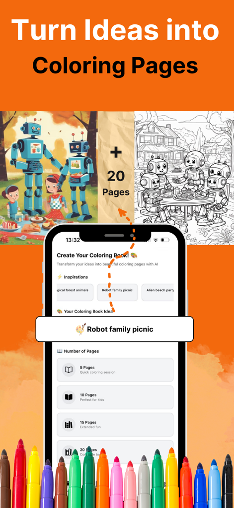 Painty: AI Printable Pages - Interface do aplicativo Painty mostrando como transformar a ideia de um piquenique em família de robôs em um livro de colorir imprimível.